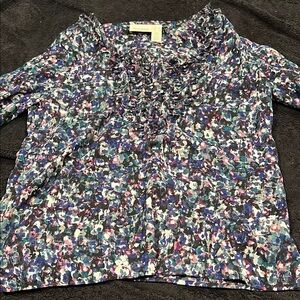DKNY Blue and Pink Ruched Blouse with Peter Pan Collar
